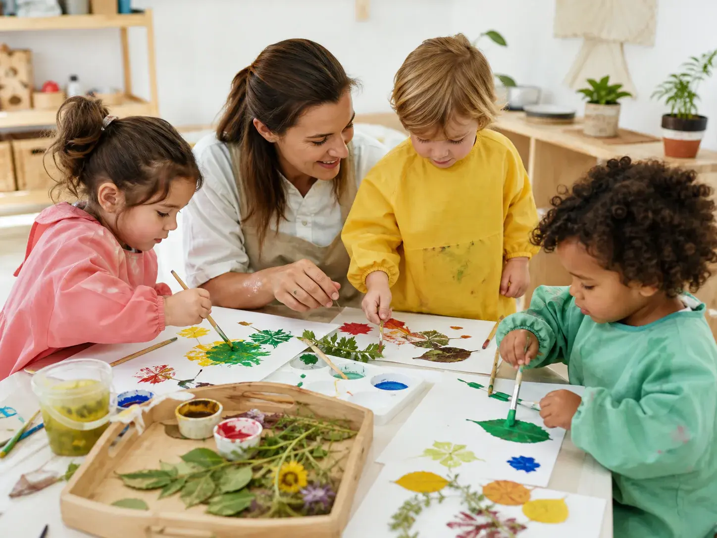 A childminder supporting three children during a creative activity