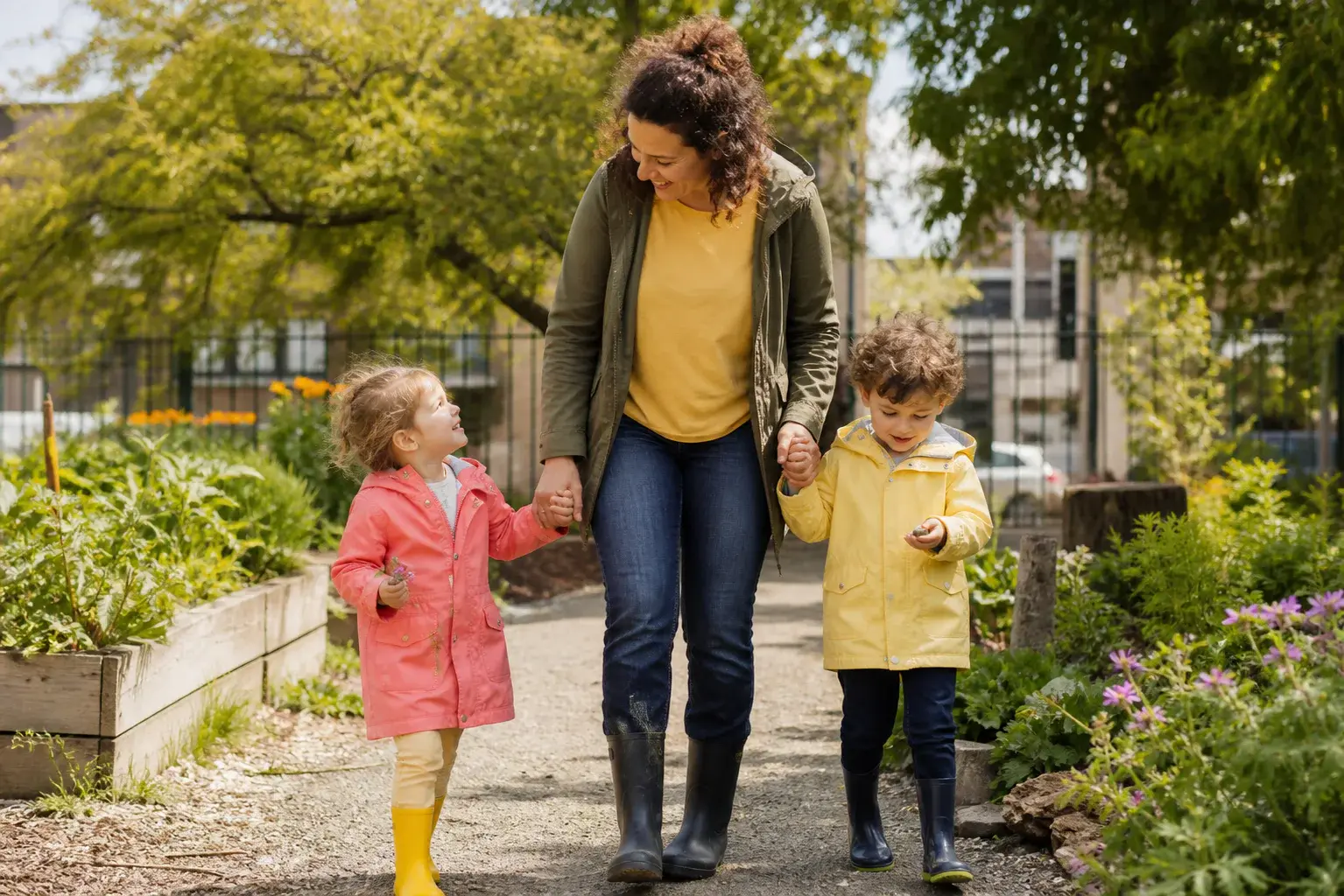 A childminder walking outdoors with two young children