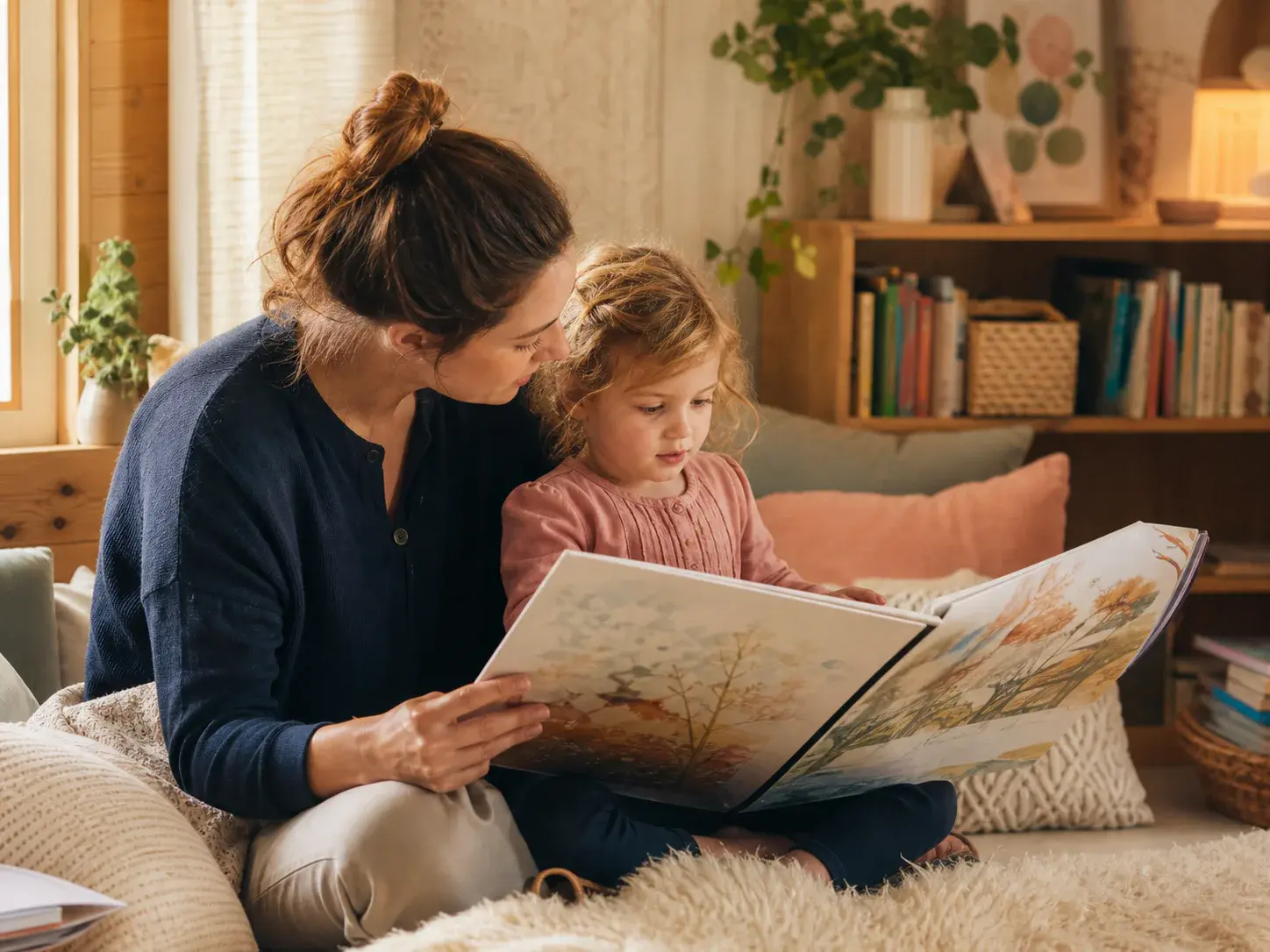 A childminder and child sharing a story in a warm home setting