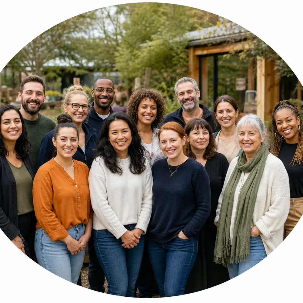Illustrative group portrait of a diverse childcare and family-support team