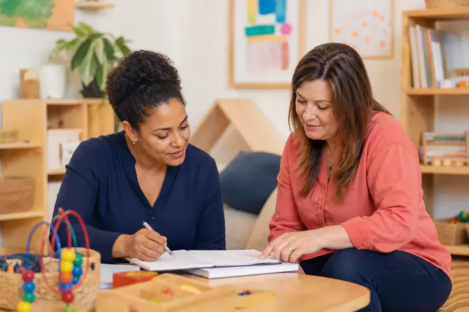 Two childcare professionals planning an early-years activity together
