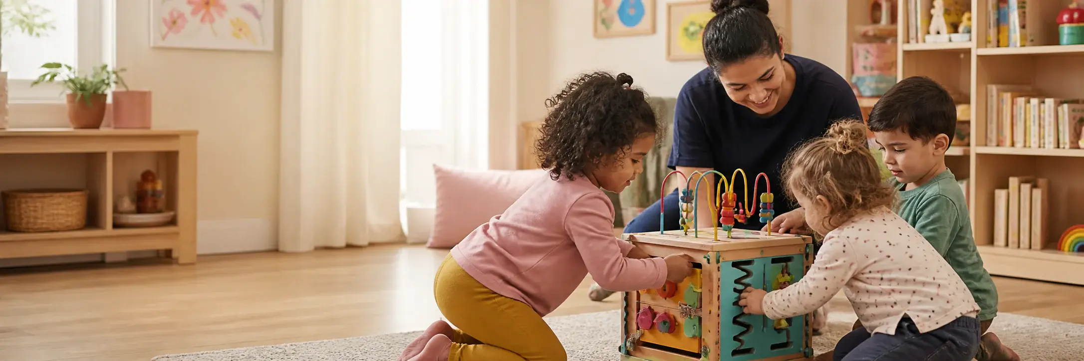 A childminder and three children exploring a colourful activity cube in a bright playroom
